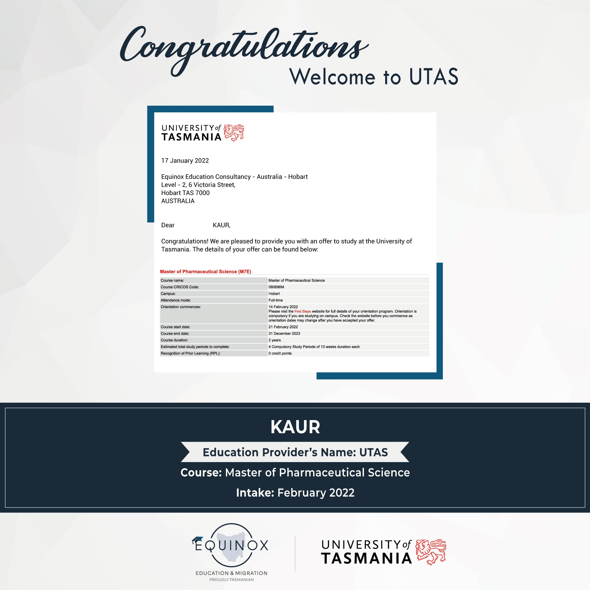Ms KAUR- admission to study 𝗠𝗮𝘀𝘁𝗲𝗿 𝗼𝗳 𝗣𝗵𝗮𝗿𝗺𝗮𝗰𝗲𝘂𝘁𝗶𝗰𝗮𝗹 𝗦𝗰𝗶𝗲𝗻𝗰𝗲